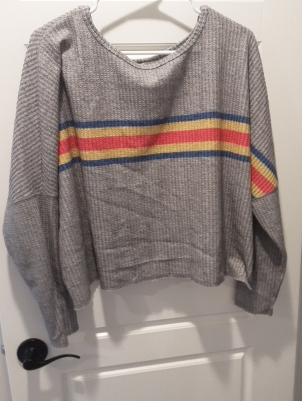 Arizona Jean Company Grey Crewneck Sweater with Blue, Yellow & Red Stripes
